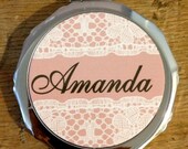 Personalized Compact Mirror- Beautiful vintage rustic lace pattern design pocket mirror- Great Bridal / bridesmaid gift idea birthday gift