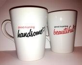 Latte mug couple set of 2 Personalized mug set- "Beautiful and Handsome"  RED, BLACK set perfect couple gift wedding gift, housewarming Gift