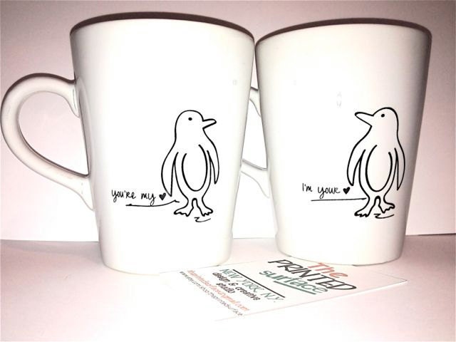 Latte mug couple set of 2 Personalized mug set- "Penguin love" set perfect couple gift wedding gift, housewarming Gift