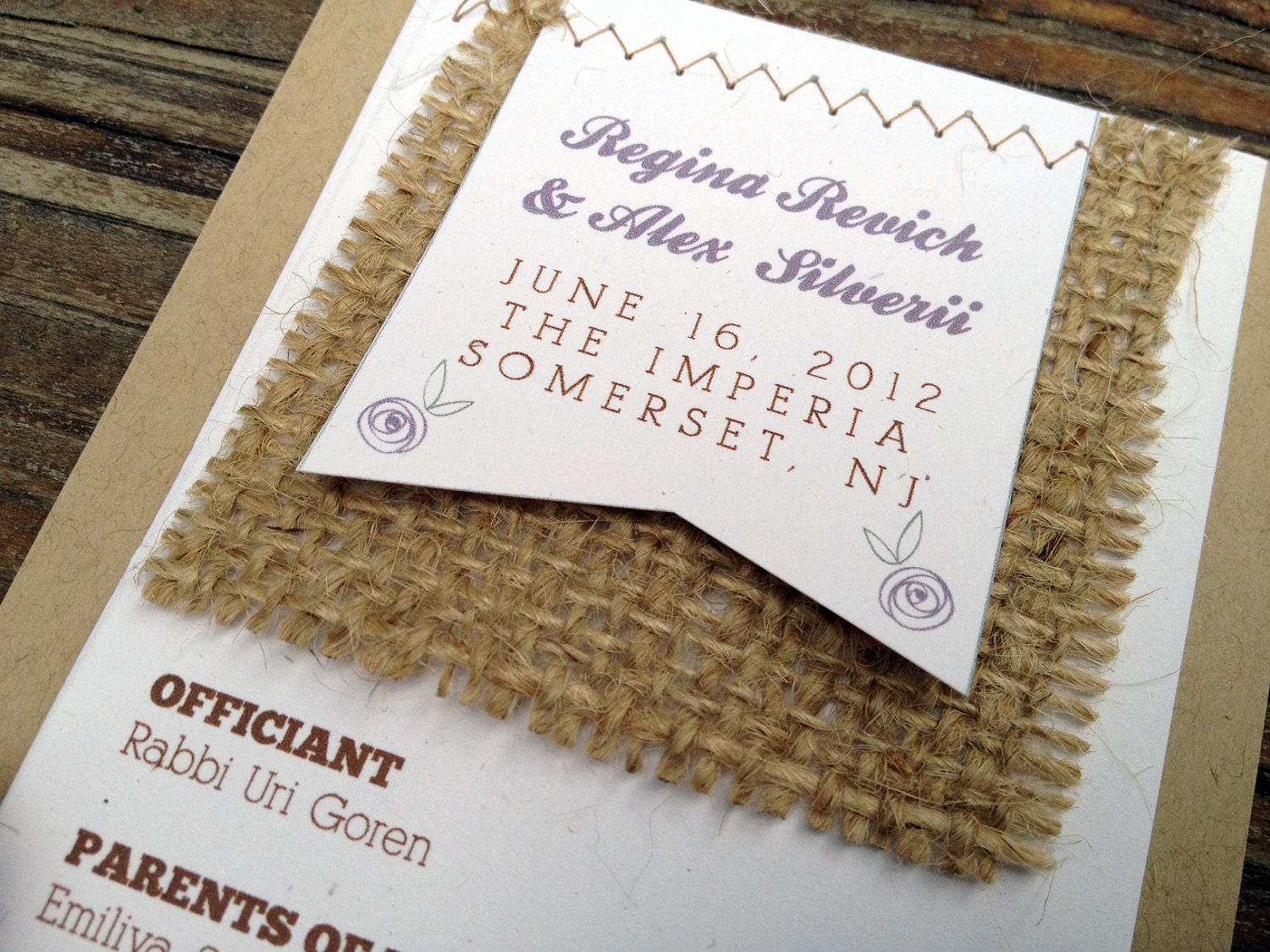 Wedding Program TeaRoses- Sewn Unique Creative Rustic Shabby Woodland Chic