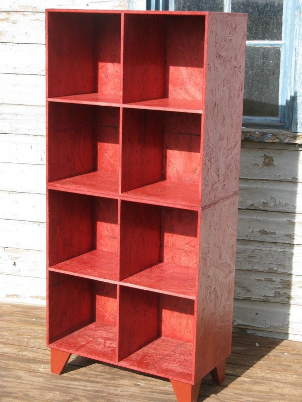modular OSB stained red bookcase cubby storage two tall