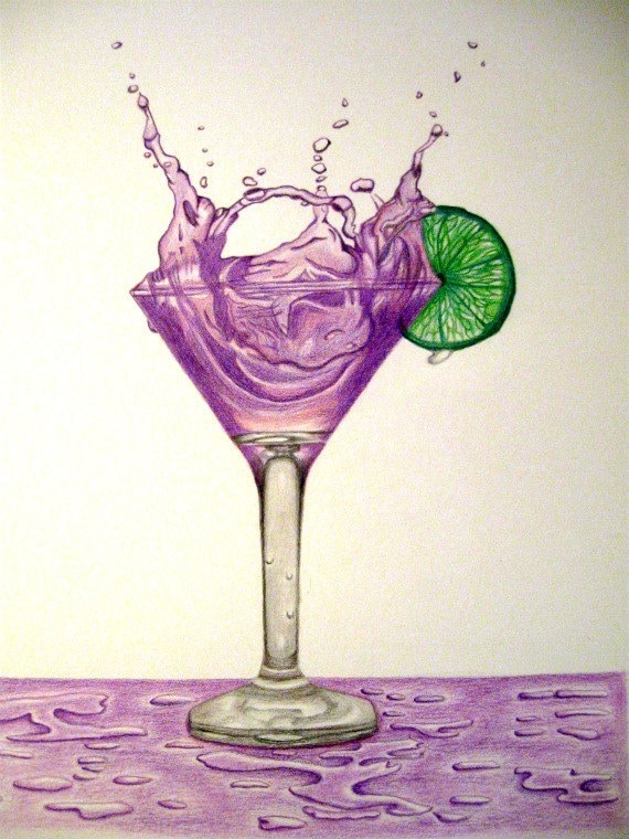 Purple Martini Splash With a Green Lime Original Drawing with Prismacolor Pencils - gvstrns