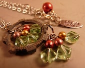 Recycled Silver Metal Gear Pendant with Green and Gold Drops