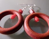 On SALE: Recycled Wooden Hoops with Red Bead Earrings