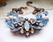 Blue Rhinestone Diamond Bracelet Antique Copper Vintage Style Strass Pastel Color Pastel Blue Assembled