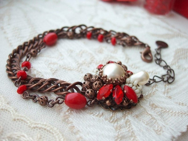 Red & Pearl Beaded Rhinestone Bracelet Antique Copper Metal Vintage Style Rhinestone Textured Chain