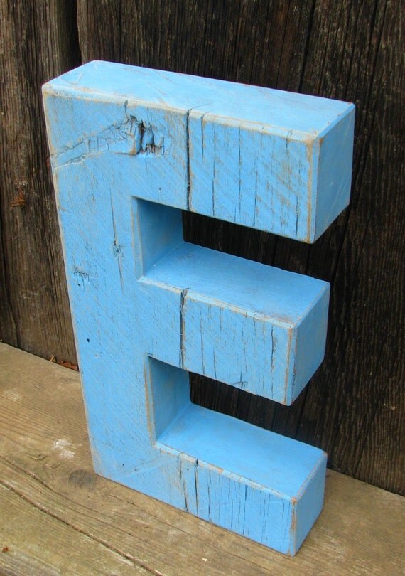 Large Painted Distressed Wooden Letter, Shabby Chic, Salvaged Barn Wood Letter, Sky Blue, Nursery Alphabet Letter E