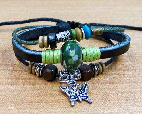 DIY Jewery ,Friendship  leather bracelets bangle ---   green ceramic bead ,silver metal butterfly,blue  wooden beads ,adjustable length rope