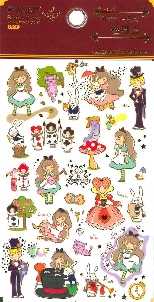 Korean Scrapbook Gold Foil Transparent Stickers - Alice in Wonderland (STNO05010)