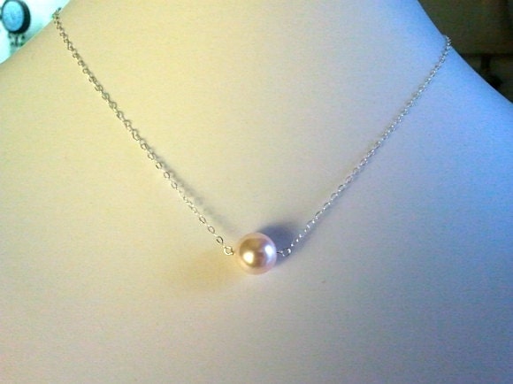 Light Pink Pearl Pendant, Charm,Necklace in Sterling Silver. - cute,simple, modern, everyday jewelry, friendship gift