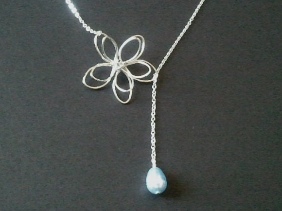 Lariat Flower with Light Blue Pearl Lariat Necklace - bridesmaid gifts,Wedding Jewelry, mother's day gift