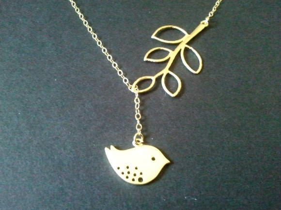 SALE  - Gold Bird and Branch Lariat Necklace -Mother's day gift, Bird charm, Leaf Pendant, wedding jewelry