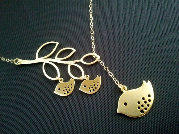 Family Bird on the branch Lariat Necklace, Bird Pendant Necklace, branch Charm Necklace, mother's day gift, grandmother gift