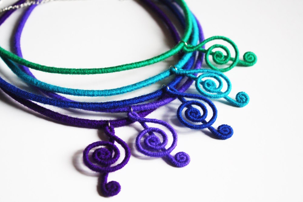 Colorful Treble Clef necklace, music note necklace, musical necklace, statement necklace, purple, turquoise, navy, violet, green
