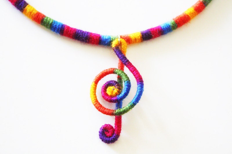 Colorful Treble Clef necklace, music note necklace, musical necklace, statement necklace, Rainbow Jewelry, Hippie jewelry, rainbow colors