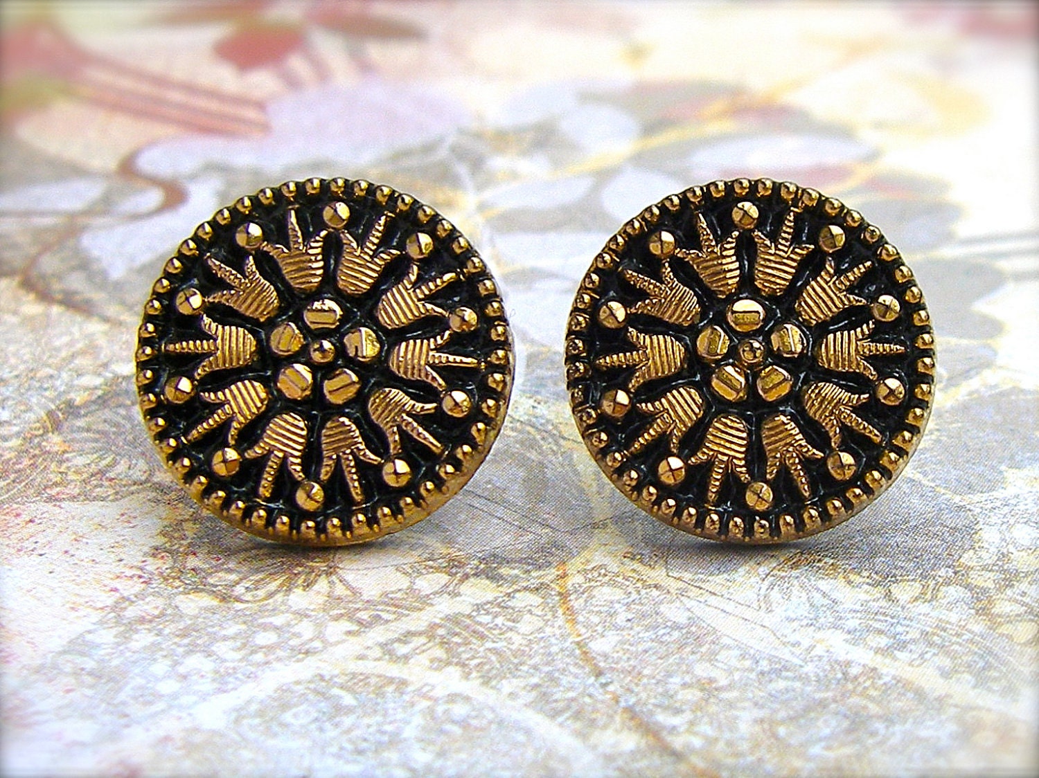 Golden Tulip Bouquet - vintage glass button post earrings
