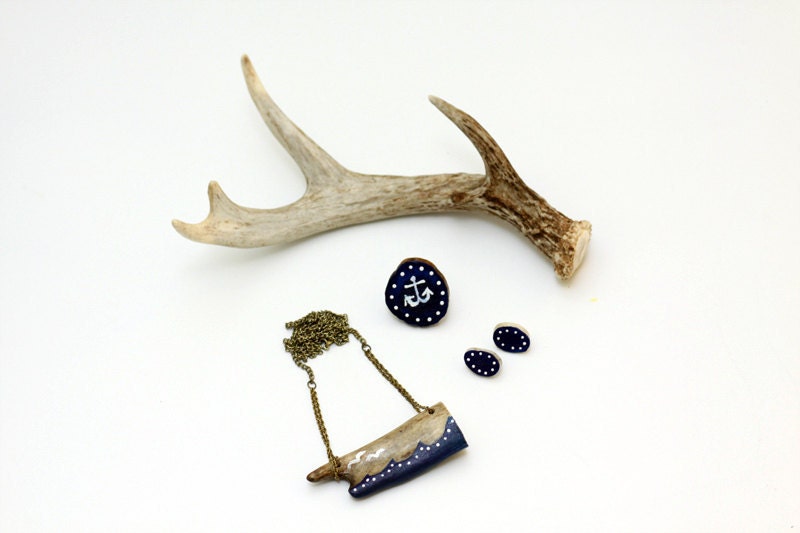 Antler Jewelry Set - Wearable Art - Deer Antler - Boho Tribal Folk - Anchor Sea Nautical - Navy Cobalt Blue