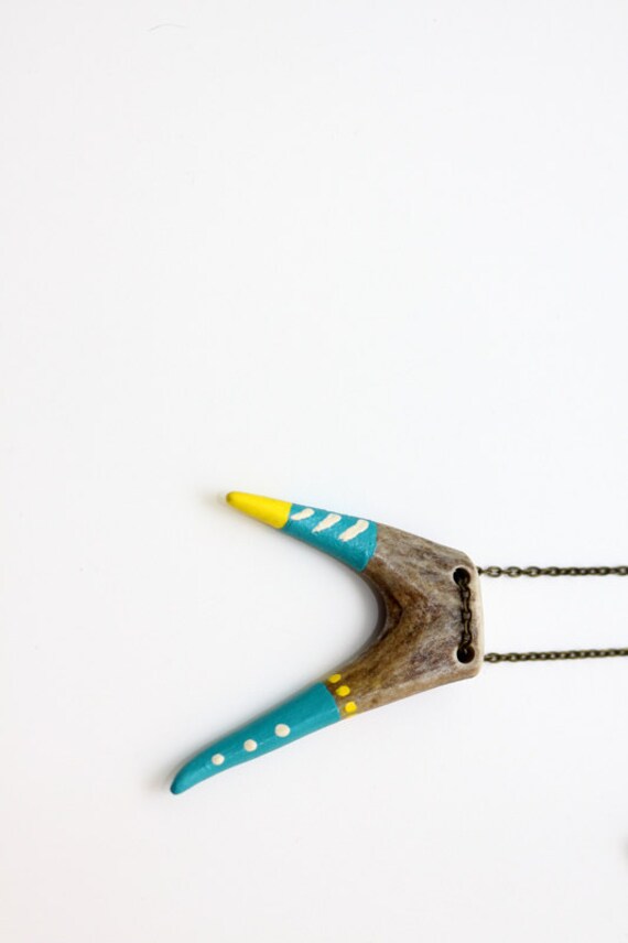 Hand Painted Antler - Necklace Earrings Jewelry - Natural Deer Antler - Bohemian Tribal Folk - Blue Yellow White- Free Earrings