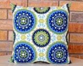 Decorative Pillow Cover - Indoor/Outdoor Pillow Cover - Modern, Suzani Motif in Green and Blue