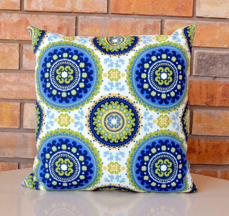 Decorative Pillow Cover - Indoor/Outdoor Pillow Cover - Modern, Suzani Motif in Green and Blue
