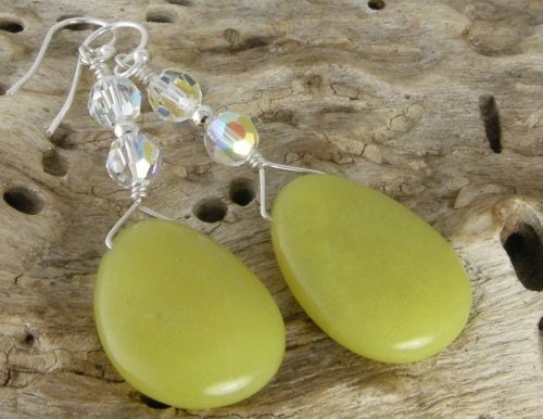 Olive Jade Briolette and Clear Swarovski Crystal Earrings, SS Ear Wire