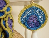 SALES - 50 % Crochet Flower pendant. Short necklace. Purple, Blue, Yellow. Ready to ship. Handmade in UK.
