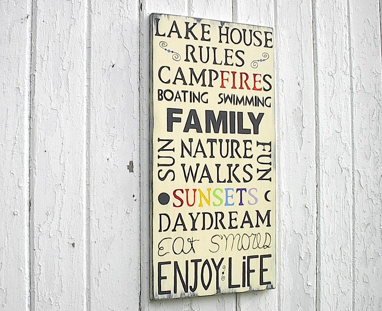 Lake House Rules Typography Word Art 12 by 24 Wood Signs Distressed