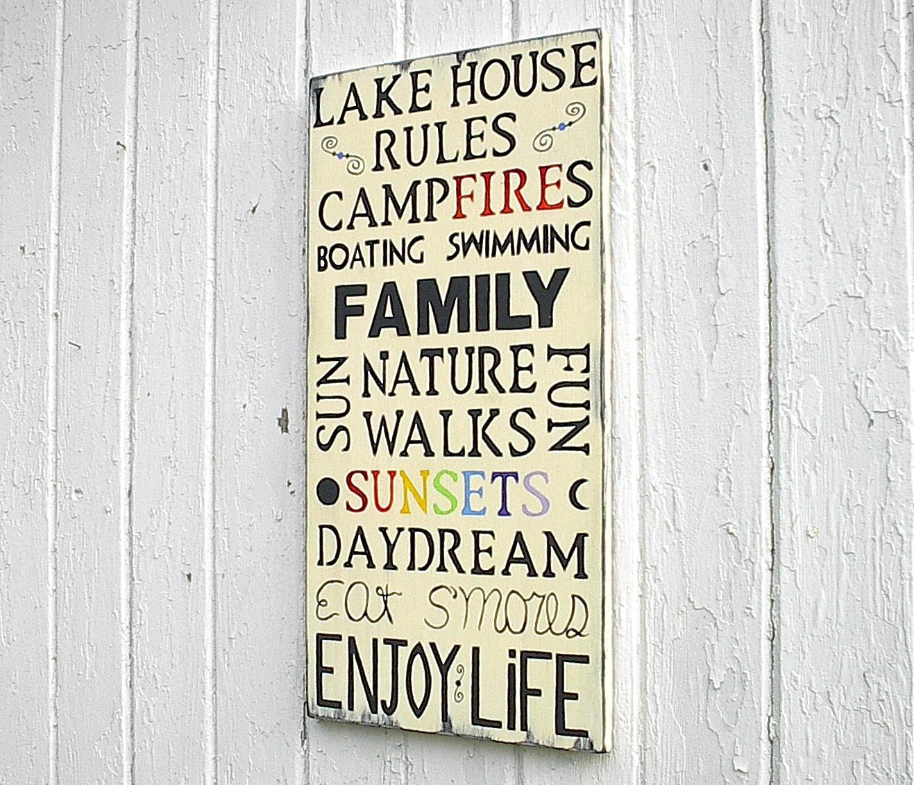 Lake House Rules Typography Word Art 12 by 24 Wood Signs Distressed