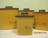 Shop Closing Sale - Retro Plastic Canister Set.  Brown Beige. Flour, Sugar, Coffee, Tea. - jlvintagelove
