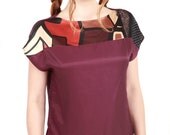 Burgundy women Top, Silky Fabric with multicolored and lace detail, OOAK