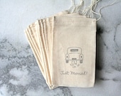Wedding favor bags, muslin, 3x5. Set of 50. Retro car with Just Married script in black on natural white cotton.