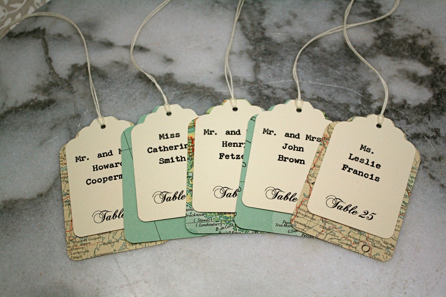 Wedding escort card, seating card.  Unique layered escort cards made from vintage atlas pages.  Custom printed.