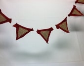 Texas handmade bunting flag banner, folk art birthday party banner burlap sacks with cherry red triangles, country decor