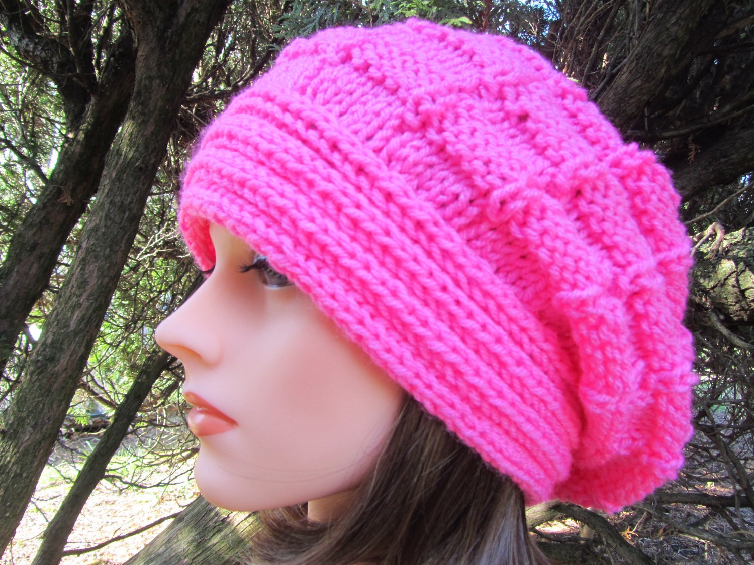 Pink Hand Knit Hat, Slouchy Beret  Hat in Pink, Pink  Hat for Women and Teen Girls