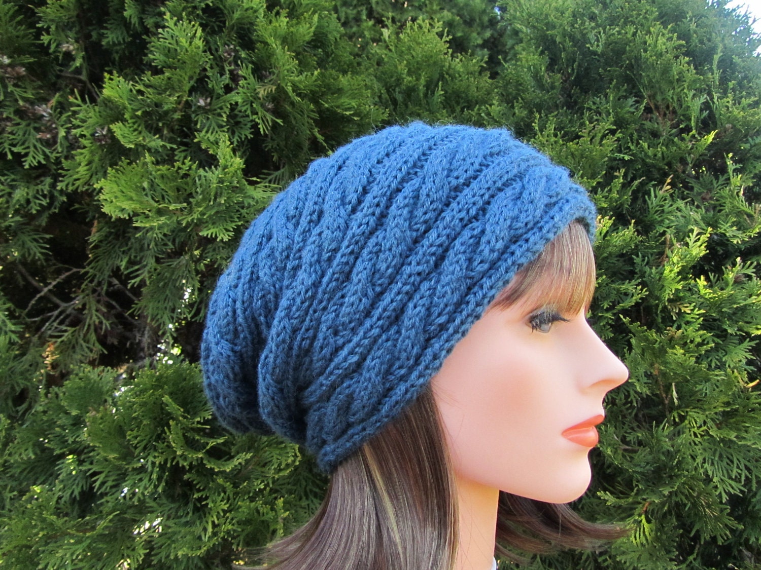 Denim Hand Knit Hat, Slouchy Hat in Denim, Knitted Navy Blue Hat, Winter Accessories