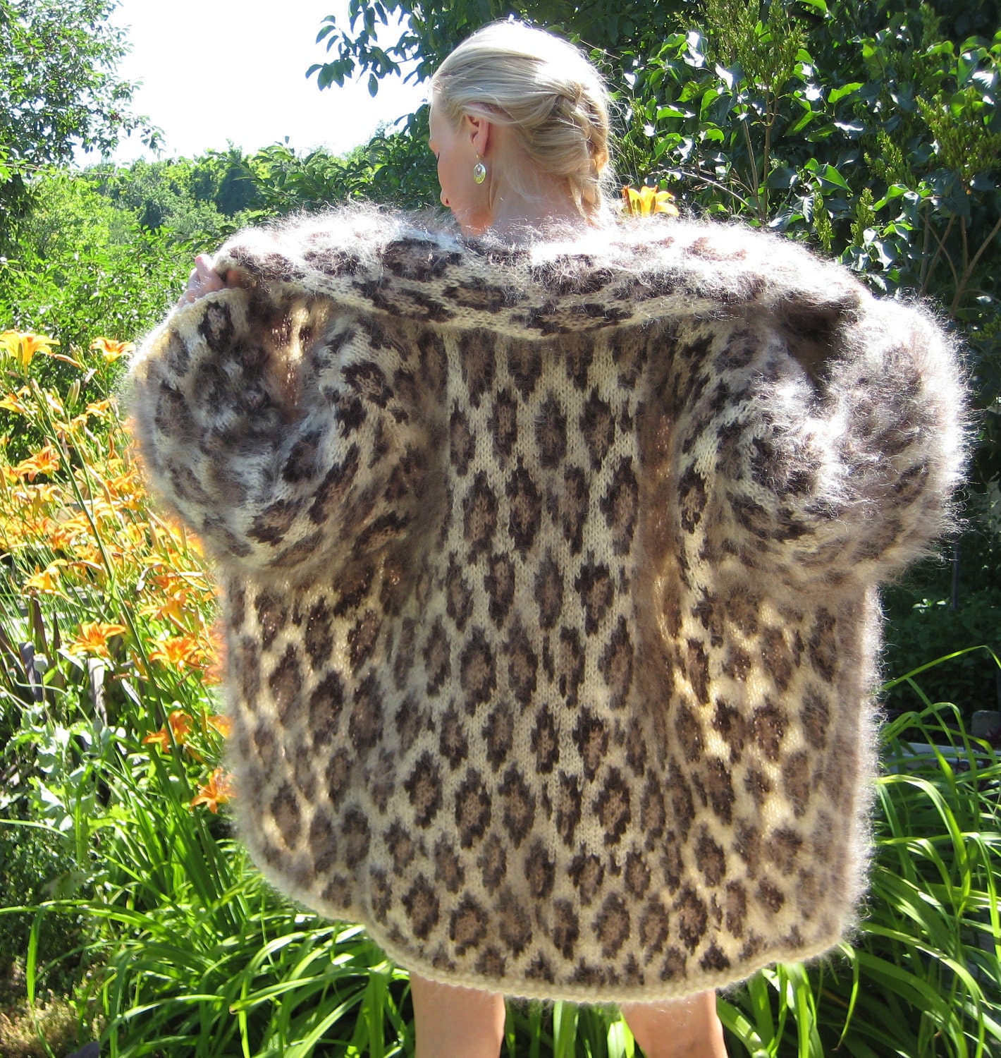Very Thick Hand Knitted Mohair Sweater Coat Leopard Fuzzy Cardigan by SUPERTANYA