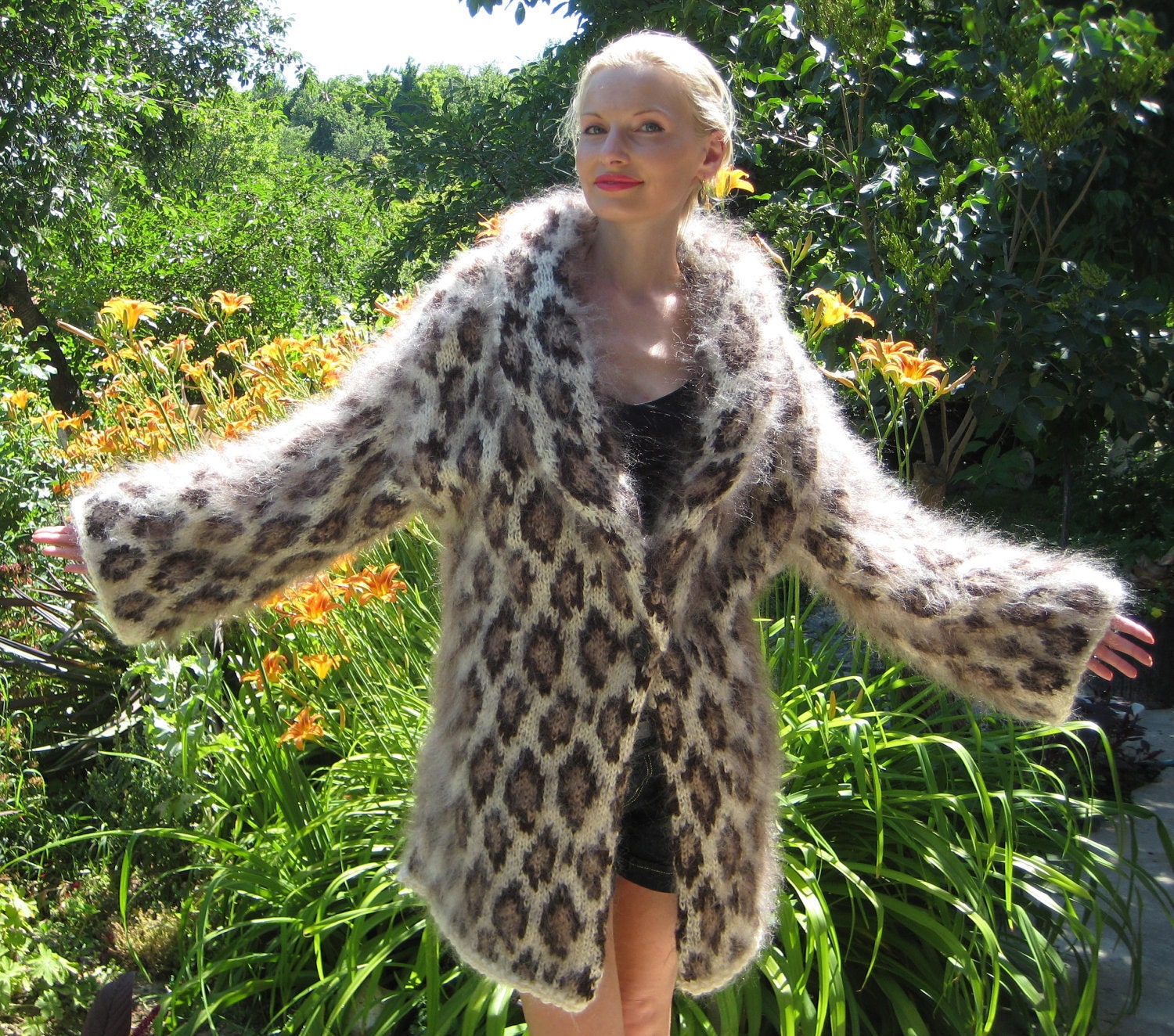 Very Thick Hand Knitted Mohair Sweater Coat Leopard Fuzzy Cardigan by SUPERTANYA