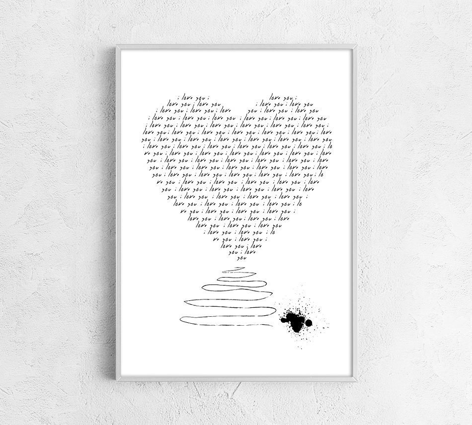 Love poster Heart print Love pirnt - black and white ink - I Love You - Print 8x12 - A4 - 21x30cm