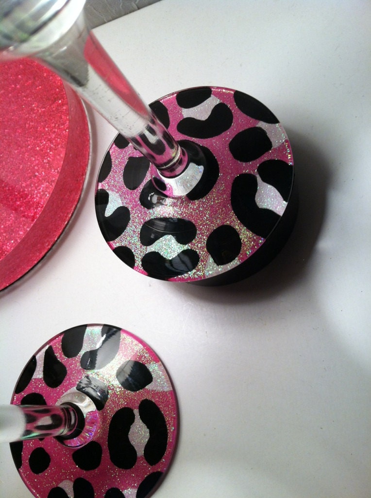 Set of 2 Glittery Hand-Painted Cheetah / Leopard Print  Martini Glasses