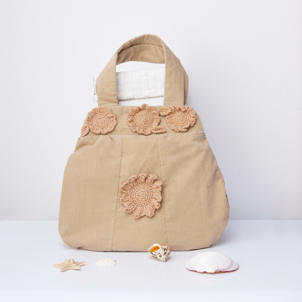Mustard Summer Tote Beige Velvet Shoulder Bag Free shipping purse Embellished Crochet Flowers Medium Size OOAK