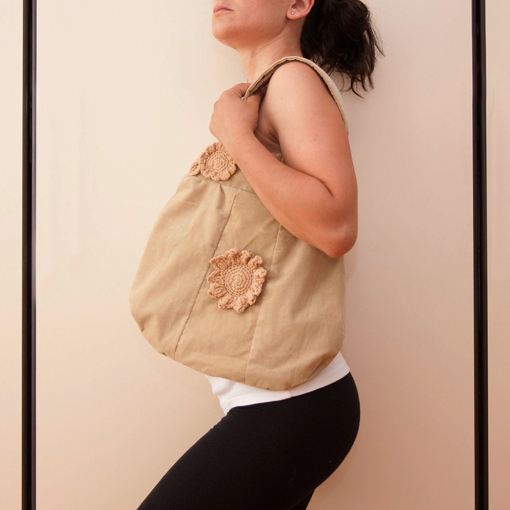 Mustard Summer Tote Beige Velvet Shoulder Bag Free shipping purse Embellished Crochet Flowers Medium Size OOAK