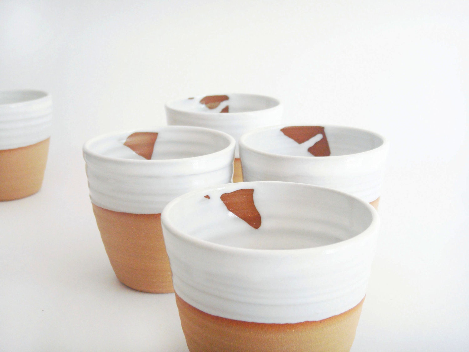 Handmade white pottery cups, two minimal ceramic tumblers with raw clay accent, Forest series - juliapaulpottery