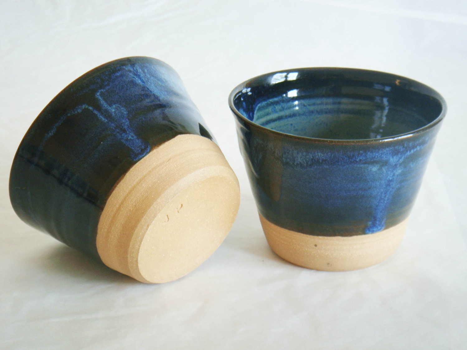 Blue ceramic cup set, six pottery cups, tumbler short, Forest series