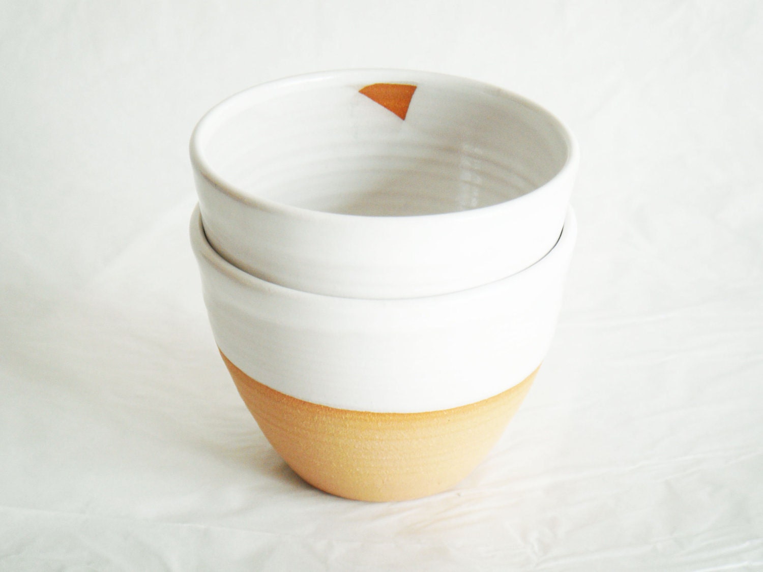Modern white pottery cups, two ceramics tea bowls, Forest series