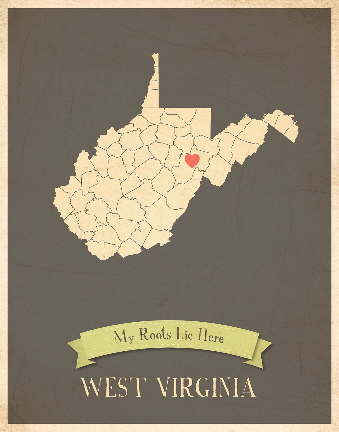25% OFF SALE West Virginia Roots Map 11x14 Customized Print