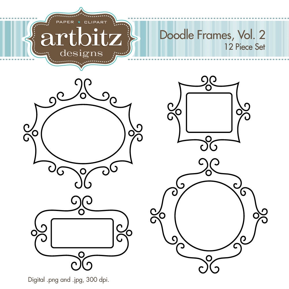 Doodle Digital Frames, Vol. 2, Set of 12, No. 20007 Clip Art Kit, 300 dpi .jpg and .png