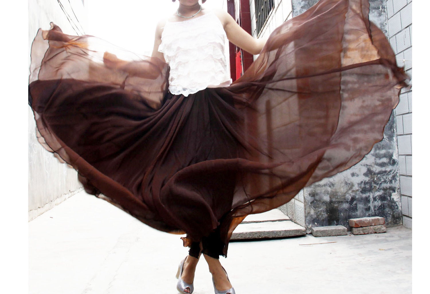 chiffon maxi skirt---golden pink skirt long skirt pleated skirt spring skirt