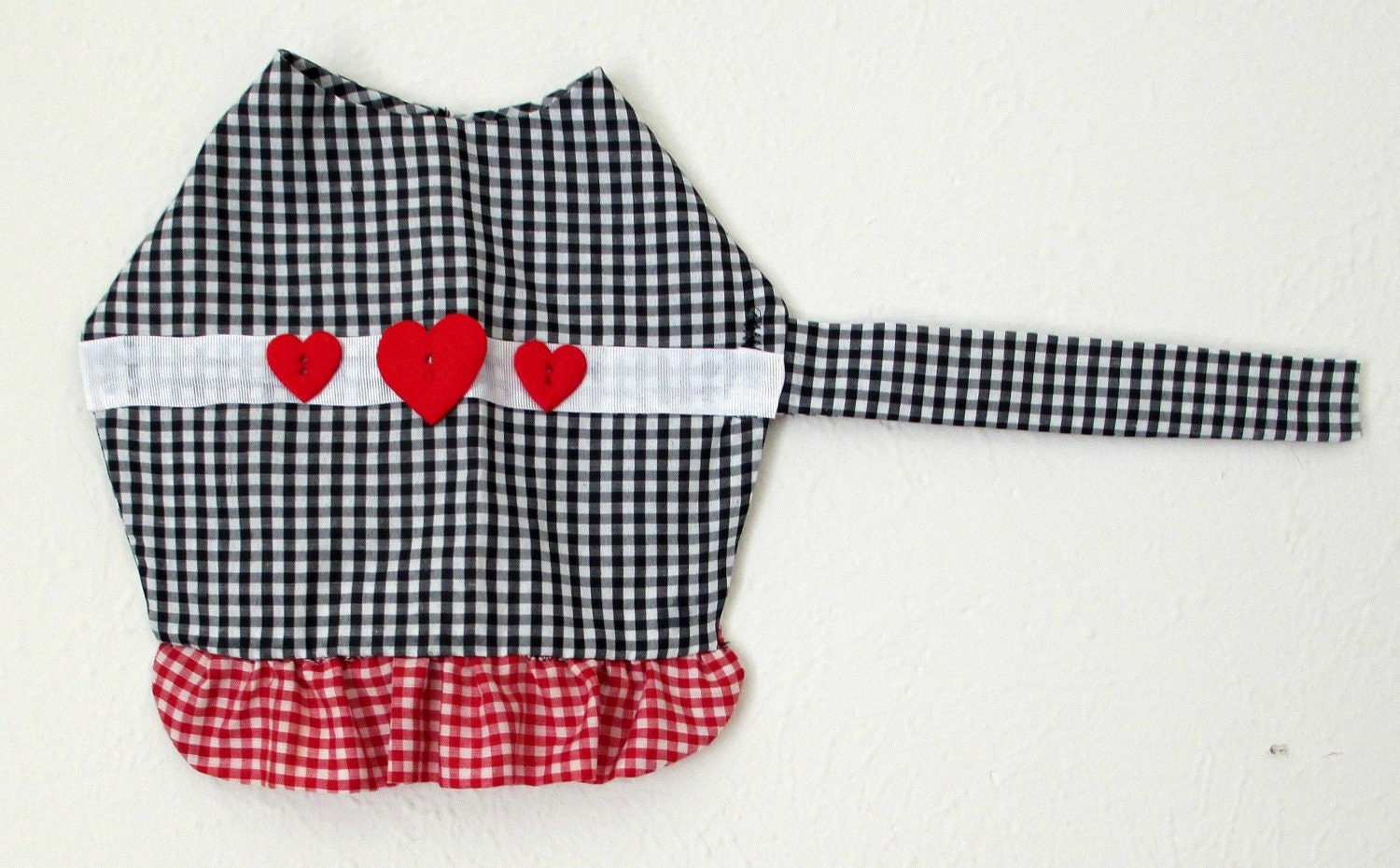 Gingham Small Dog's Dress Made to Order - Black & White with Red and White Ruffle, Ribbon and Heart Trim Pomeranian