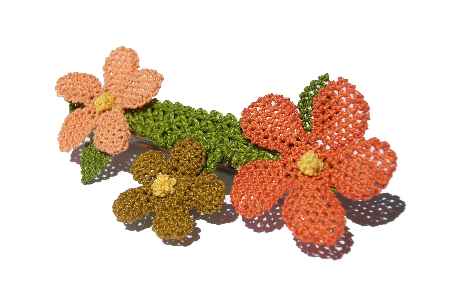 Lace flower French barrette, woodland, rust, peach orange and green, modern petite, boho floral hair clip, salmon coral pink whimsical, TAGT - LandofDante