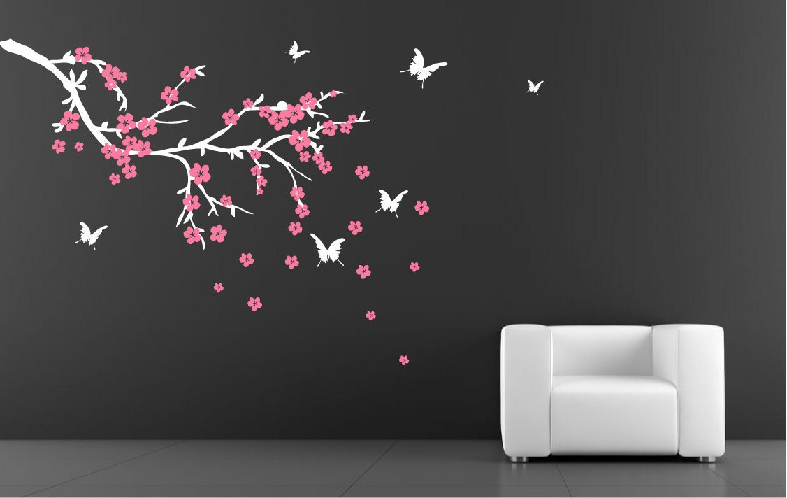 Branch with flowers and butterflies Wall Decal. Wall Sticker.